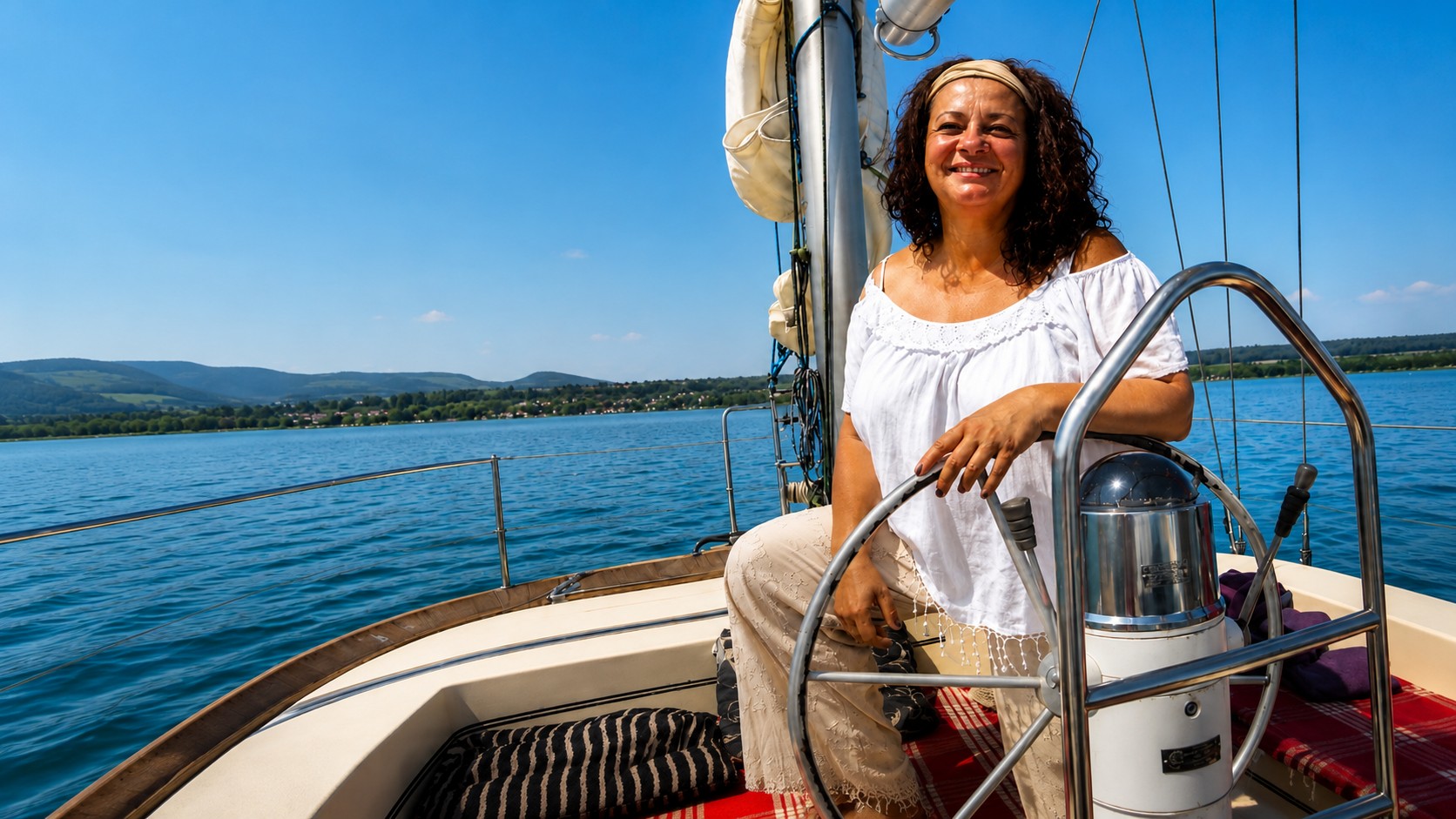 Heike Schertz am Steuer eines Segelboots